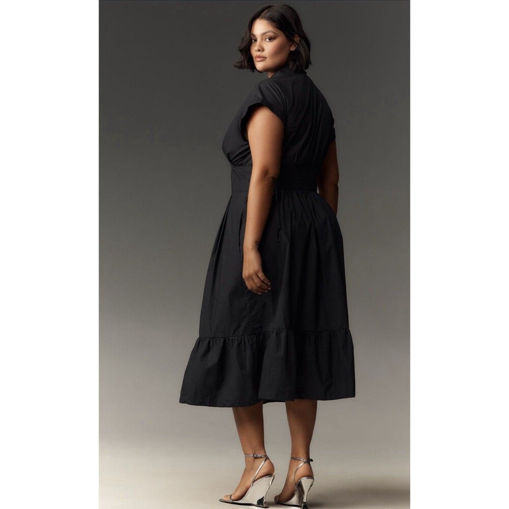 Anthropologie Midi Shirt Dress Black Pleated Cotton Preppy Retro Boho Medium NWT - Picture 5 of 14